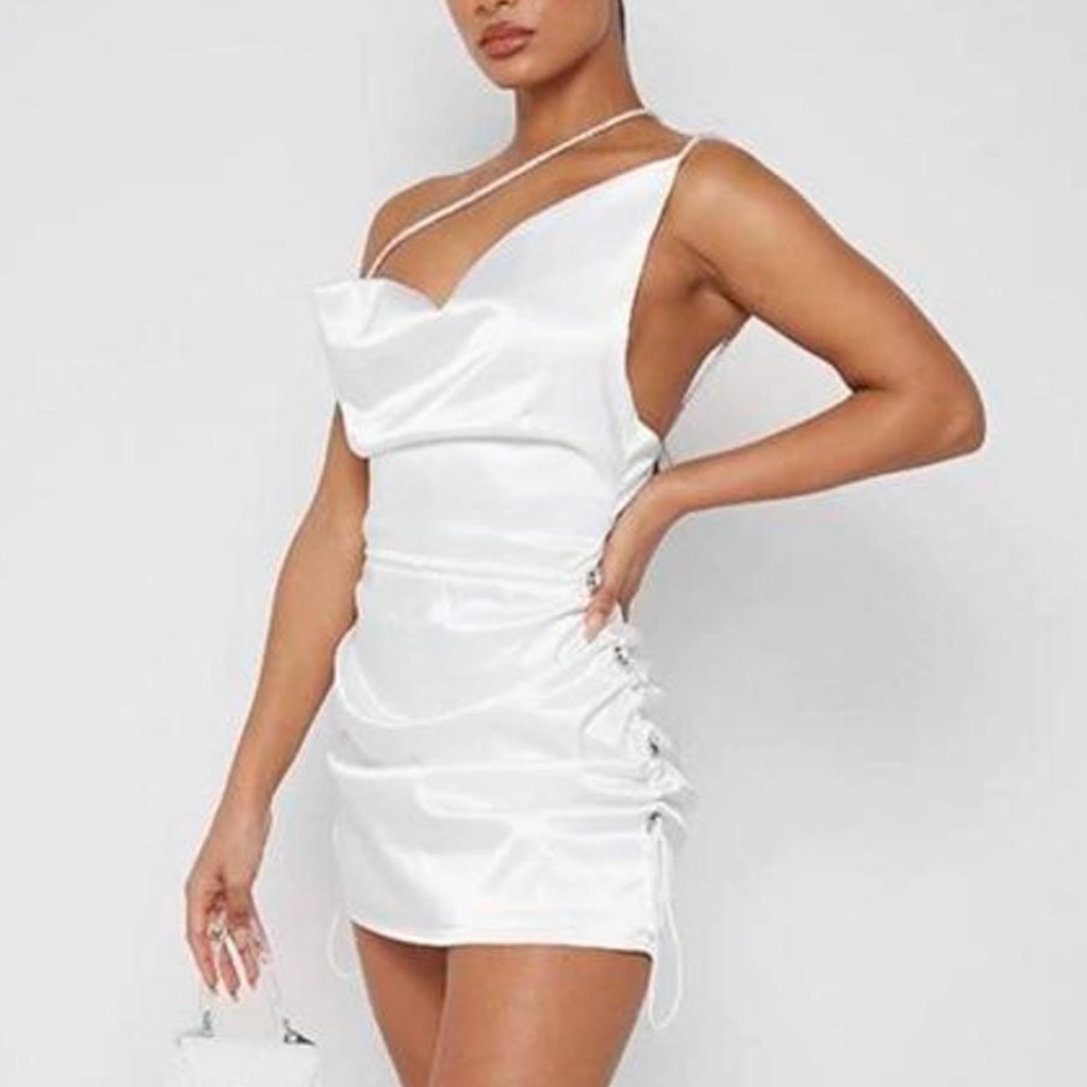 Maniere De Voir Satin Ruched Mini Dress Size 12 Women Sleeveless In White - Picture 1 of 16